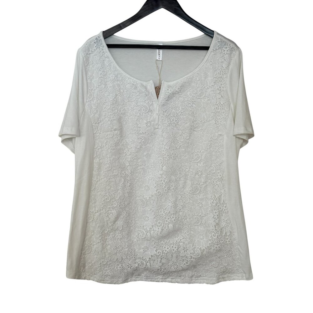 Zolucky Woman's Size 1X White Lace Coastal Short Sleeve Blouse Grannycore